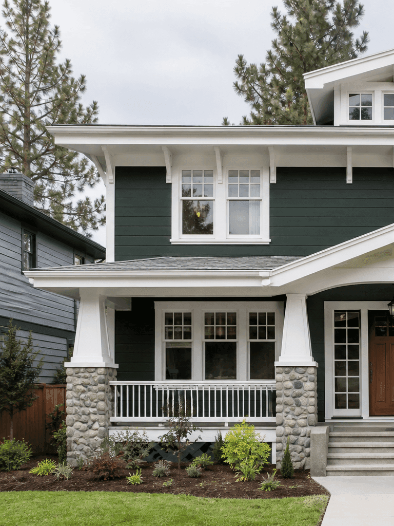 Heritage home exterior after refinishing, in deep green with crisp white trim